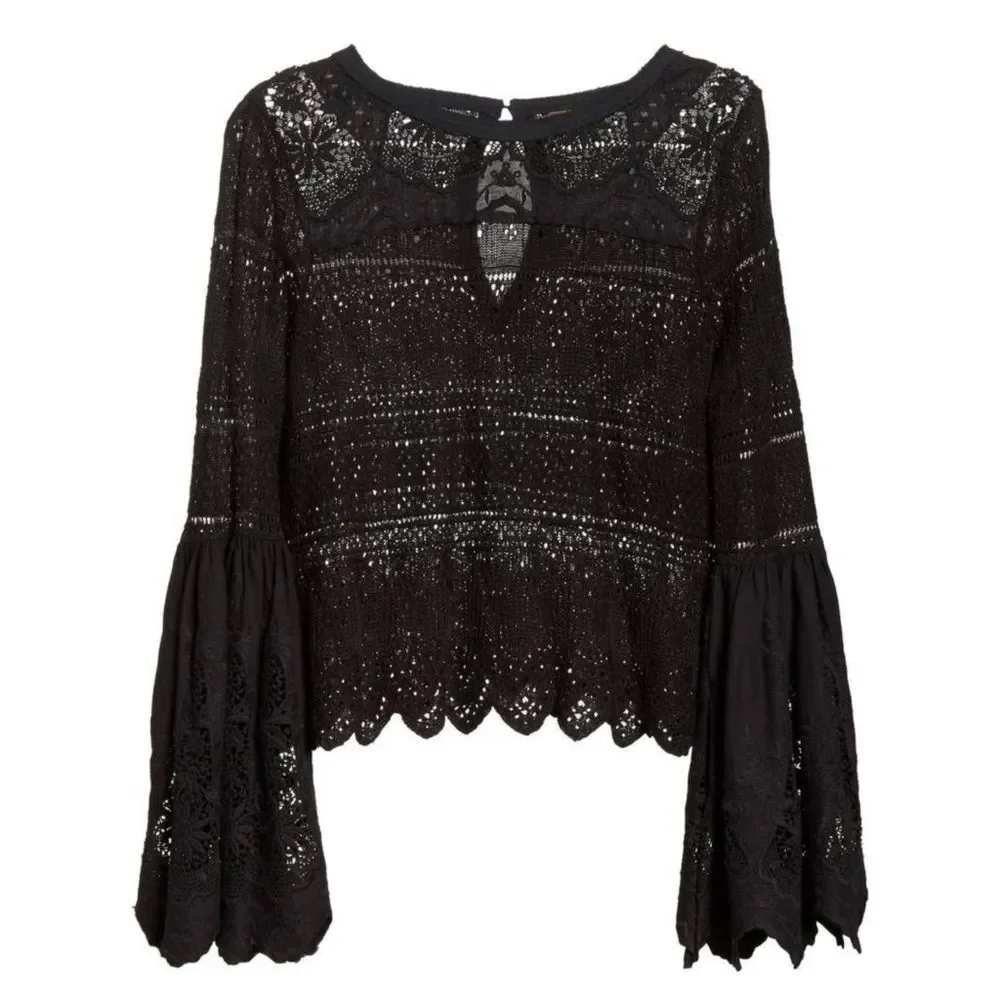 Free People|Once Upon-A-Time Black Bell Sleeve Lace Top, XS